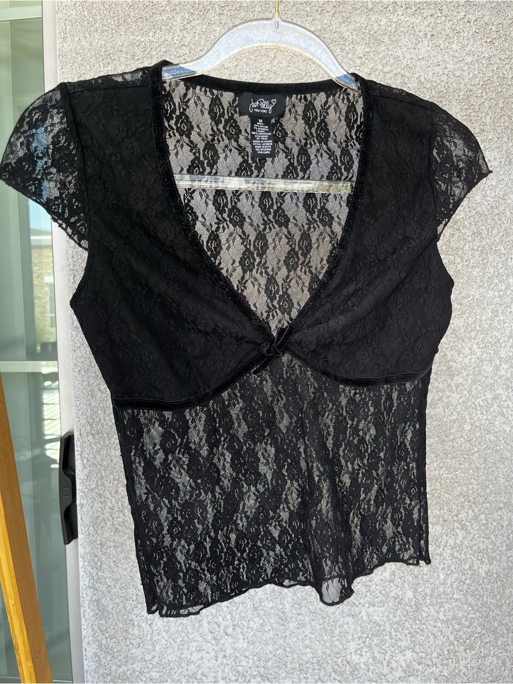 Just Polly Black Lace Short Sleeve Tie-Front Top